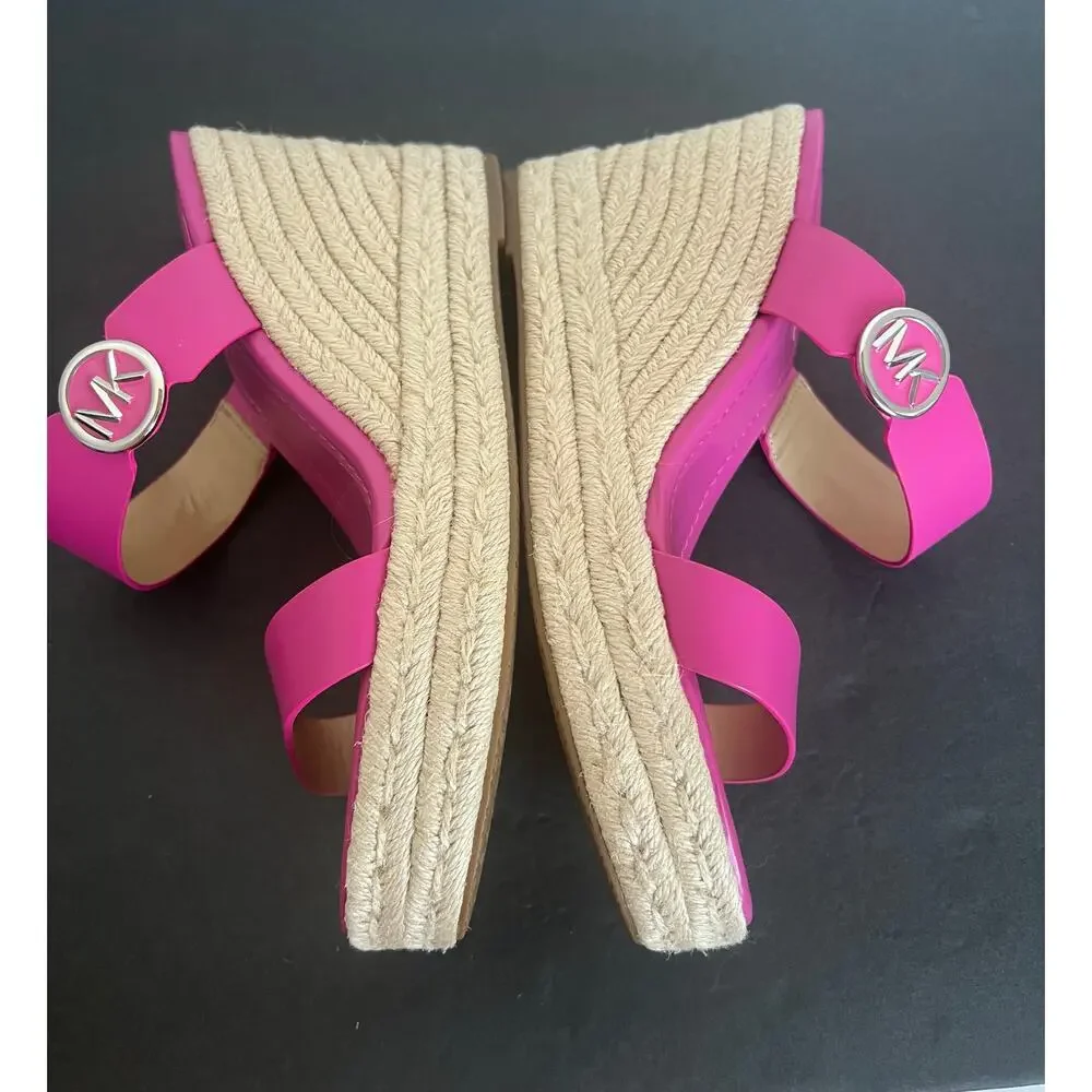 Michael Kors Leather Hot Pink Lucinda Slip On Espadrille Jute Wedge Sandals 10 - Picture 6 of 10